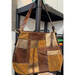 Relic Patchwork Hobo Shoulder Bag Brown Tan Gold Leather Suede